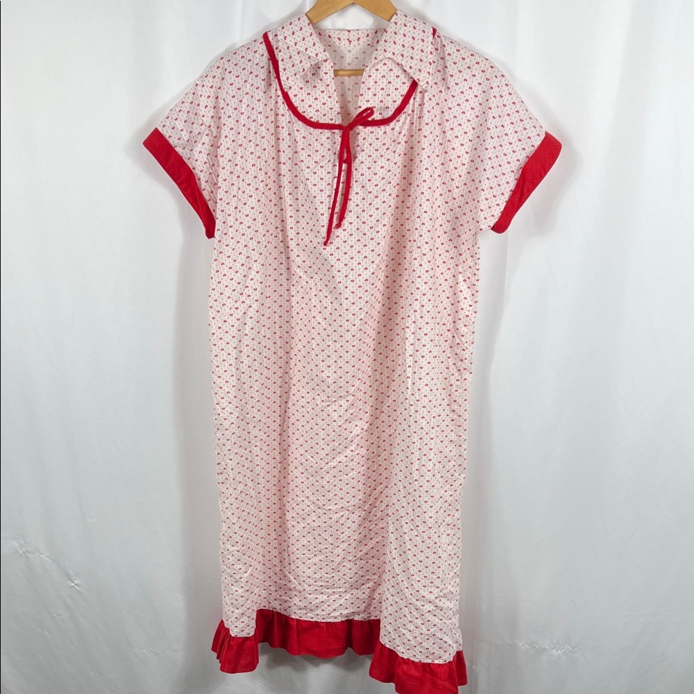 Vintage Home Made Red & White Butterfly Midi Dress ‎ Nightgown Hand Sown